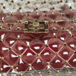 Pre Owned Valentino Clear/Red PVC Medium Rockstud Spike Top Handle Bag