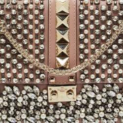 Pre Owned Valentino Light Pink Leather Medium Rockstud Glam Crystals Embellished Lock Flap Bag