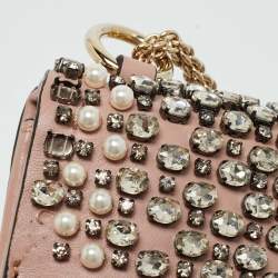 Pre Owned Valentino Light Pink Leather Medium Rockstud Glam Crystals Embellished Lock Flap Bag