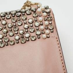 Pre Owned Valentino Light Pink Leather Medium Rockstud Glam Crystals Embellished Lock Flap Bag