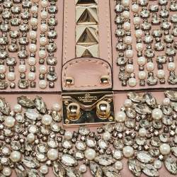 Pre Owned Valentino Light Pink Leather Medium Rockstud Glam Crystals Embellished Lock Flap Bag