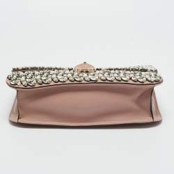 Pre Owned Valentino Light Pink Leather Medium Rockstud Glam Crystals Embellished Lock Flap Bag