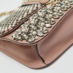 Pre Owned Valentino Light Pink Leather Medium Rockstud Glam Crystals Embellished Lock Flap Bag