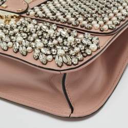Pre Owned Valentino Light Pink Leather Medium Rockstud Glam Crystals Embellished Lock Flap Bag