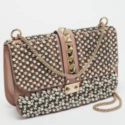 Pre Owned Valentino Light Pink Leather Medium Rockstud Glam Crystals Embellished Lock Flap Bag