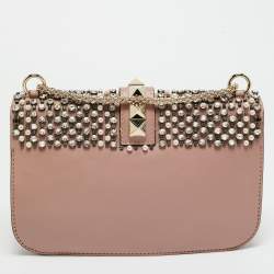 Pre Owned Valentino Light Pink Leather Medium Rockstud Glam Crystals Embellished Lock Flap Bag