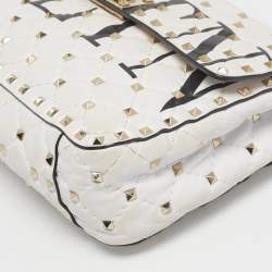 Pre Owned Valentino White Quilted Leather Medium VLTN Rockstud Spike Top Handle Bag