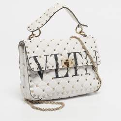 Pre Owned Valentino White Quilted Leather Medium VLTN Rockstud Spike Top Handle Bag