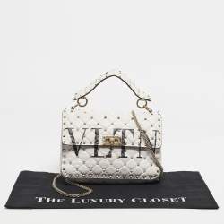 Pre Owned Valentino White Quilted Leather Medium VLTN Rockstud Spike Top Handle Bag