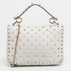 Pre Owned Valentino White Quilted Leather Medium VLTN Rockstud Spike Top Handle Bag