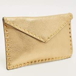 Pre Owned Valentino Gold Leather Large Rockstud Envelope Clutch