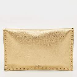 Pre Owned Valentino Gold Leather Large Rockstud Envelope Clutch