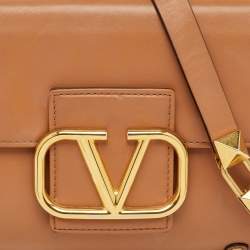 Pre Owned Valentino Tan Leather Stud Sign Flap Shoulder Bag
