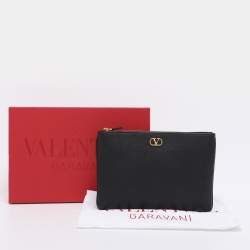 Pre Owned Valentino Black Leather VLogo Zip Pouch Clutch