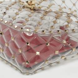 Pre Owned Valentino Transparent /Red PVC Medium Rockstud Spike Top Handle Bag