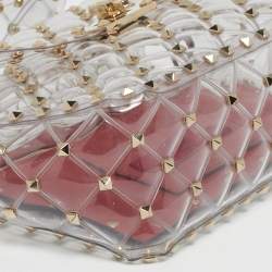Pre Owned Valentino Transparent /Red PVC Medium Rockstud Spike Top Handle Bag