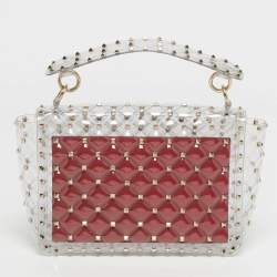 Pre Owned Valentino Transparent /Red PVC Medium Rockstud Spike Top Handle Bag