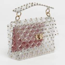 Pre Owned Valentino Transparent /Red PVC Medium Rockstud Spike Top Handle Bag