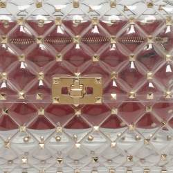 Pre Owned Valentino Transparent /Red PVC Medium Rockstud Spike Top Handle Bag