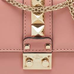 Pre Owned Valentino Peach Pink Leather Mini Rockstud Glam Lock Shoulder Bag