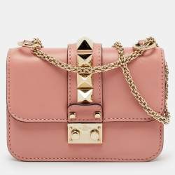 Pre Owned Valentino Peach Pink Leather Mini Rockstud Glam Lock Shoulder Bag