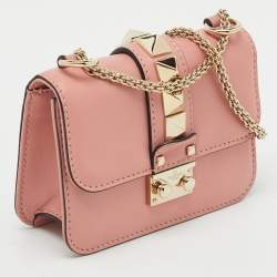 Pre Owned Valentino Peach Pink Leather Mini Rockstud Glam Lock Shoulder Bag