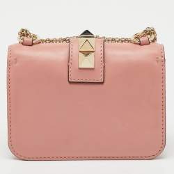 Pre Owned Valentino Peach Pink Leather Mini Rockstud Glam Lock Shoulder Bag