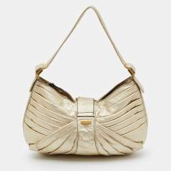 Pre Owned Valentino Garavani Metallic Gold Leather Pleated Shoulder Bag