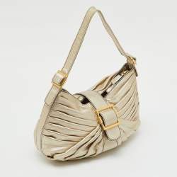 Pre Owned Valentino Garavani Metallic Gold Leather Pleated Shoulder Bag