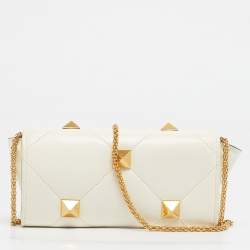 Pre Owned Valentino White Quilted Leather Roman Stud Wallet On Chain