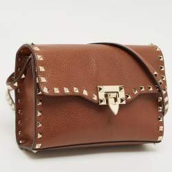 Pre Owned Valentino Brown Leather Rockstud Flap Crossbody Bag