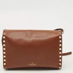 Pre Owned Valentino Brown Leather Rockstud Flap Crossbody Bag