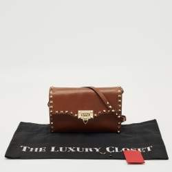 Pre Owned Valentino Brown Leather Rockstud Flap Crossbody Bag