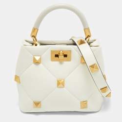 Pre Owned Valentino Cream Quilted Leather Small Roman Stud Top Handle Bag