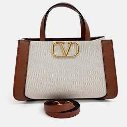 Pre Owned Valentino Beige Brown PVC V-logo tote and shoulder bag