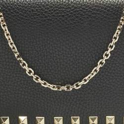 Pre Owned Valentino Black Leather Rockstud Flap Wallet on Chain