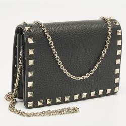 Pre Owned Valentino Black Leather Rockstud Flap Wallet on Chain