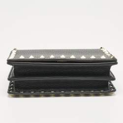 Pre Owned Valentino Black Leather Rockstud Flap Wallet on Chain