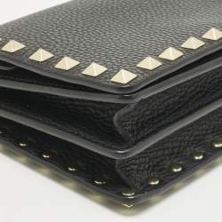 Pre Owned Valentino Black Leather Rockstud Flap Wallet on Chain