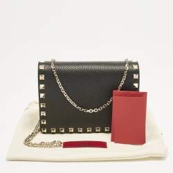 Pre Owned Valentino Black Leather Rockstud Flap Wallet on Chain