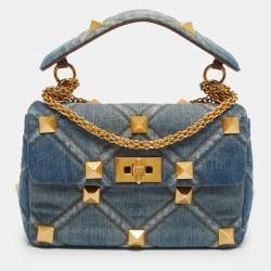 Pre Owned Valentino Washed Blue Denim Medium Roman Stud Top Handle Bag
