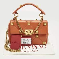 Pre Owned Valentino Orange Quilted Leather Medium Roman Stud Top Handle Bag