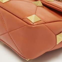 Pre Owned Valentino Orange Quilted Leather Medium Roman Stud Top Handle Bag