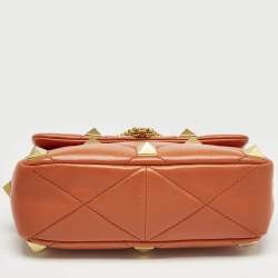 Pre Owned Valentino Orange Quilted Leather Medium Roman Stud Top Handle Bag