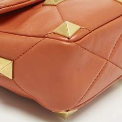 Pre Owned Valentino Orange Quilted Leather Medium Roman Stud Top Handle Bag