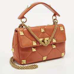 Pre Owned Valentino Orange Quilted Leather Medium Roman Stud Top Handle Bag