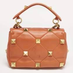 Pre Owned Valentino Orange Quilted Leather Medium Roman Stud Top Handle Bag