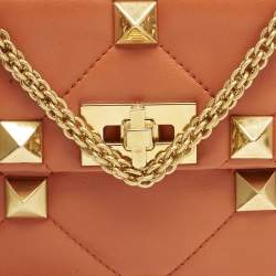 Pre Owned Valentino Orange Quilted Leather Medium Roman Stud Top Handle Bag