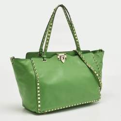 Pre Owned Valentino Green Leather Medium Rockstud Trapeze Tote