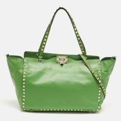 Pre Owned Valentino Green Leather Medium Rockstud Trapeze Tote